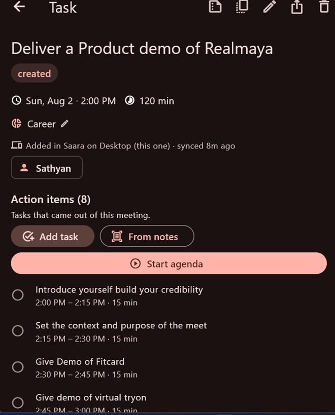 Saara event with eight timed action items and a Start agenda button