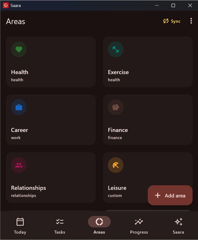 Saara Areas screen showing Health, Exercise, Career, Finance, Relationships, Leisure