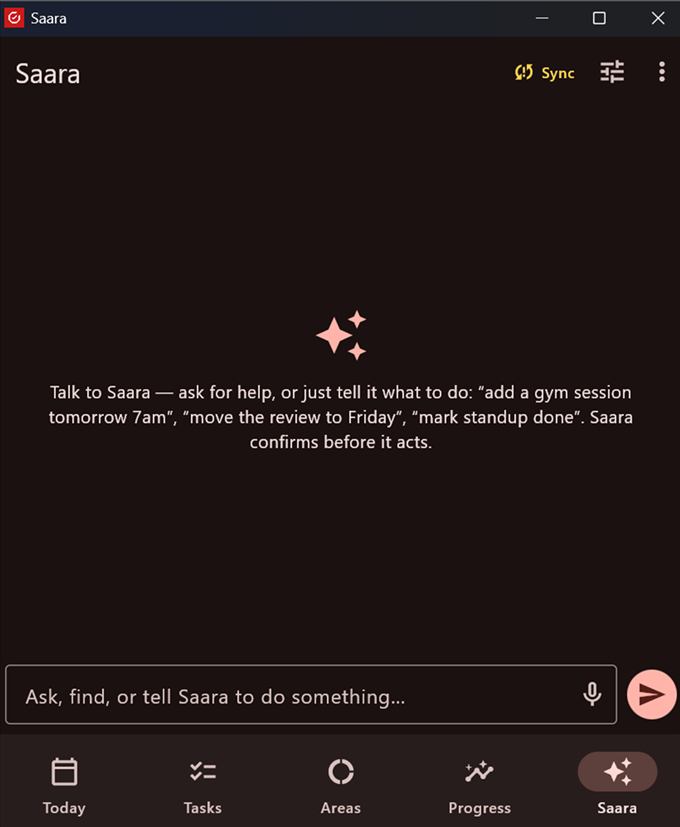 The Ask Saara screen with example commands