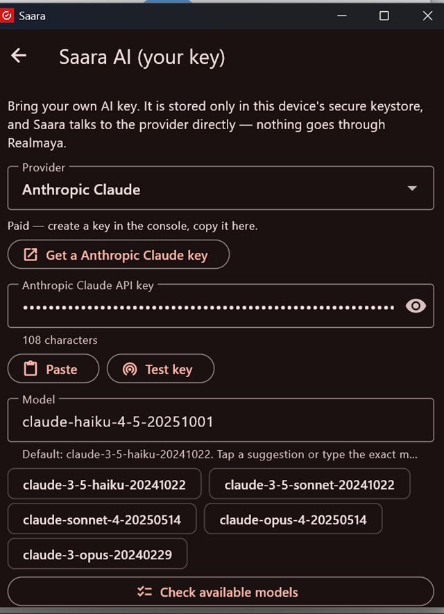 Saara AI key setup screen with provider, key field, Test key and Check available models