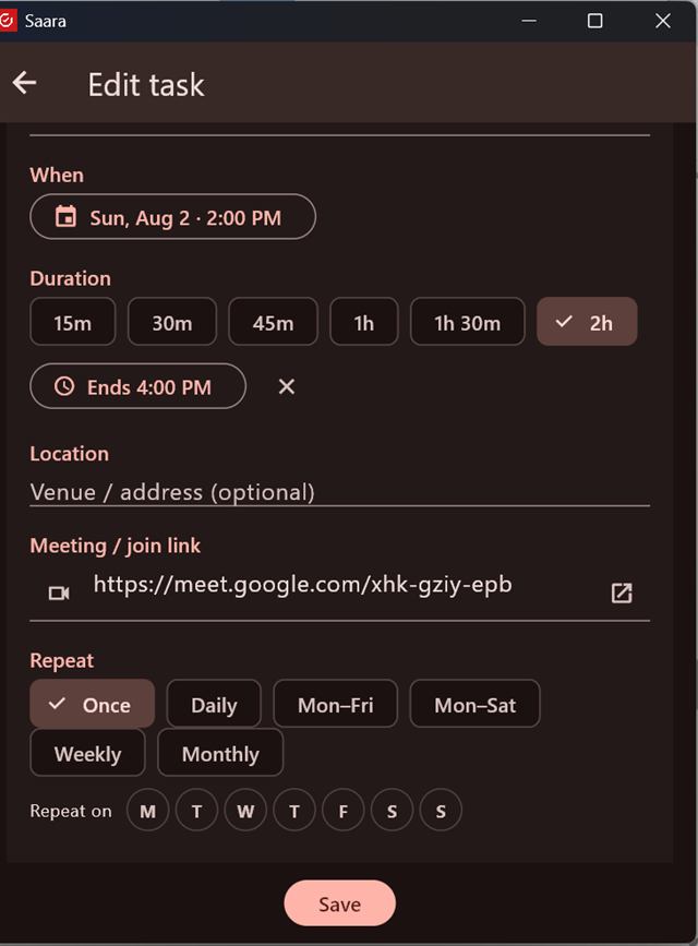 Saara task form showing When, Duration, Location, Meeting link and Repeat fields