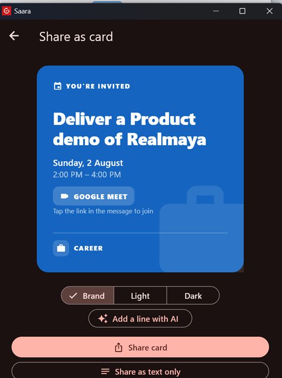 Saara Share as card screen with a branded invite and Brand/Light/Dark options