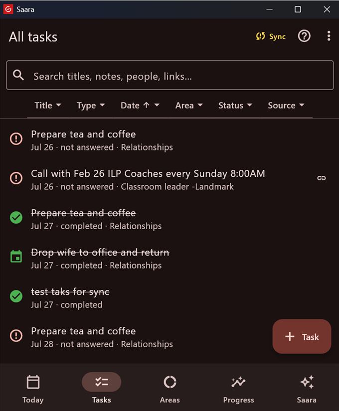 Saara All tasks screen with search and Type/Date/Area/Status/Source filters