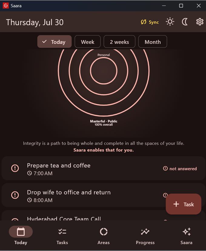Saara Today screen with the integrity circle and the day's tasks